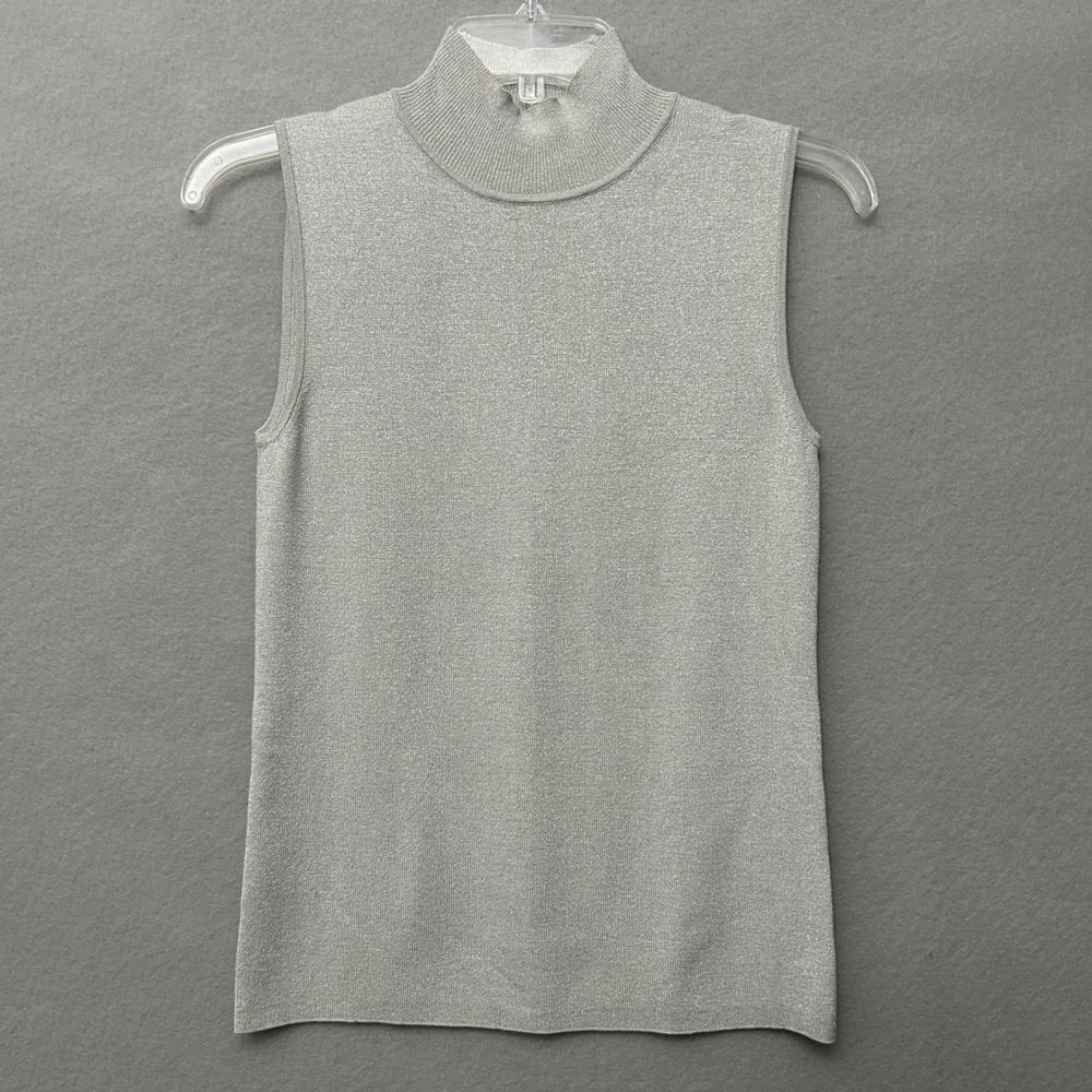 Chico's Sleeveless Mock Neck Shell Women Size 0 Silver Silk Blend Metallic Knit